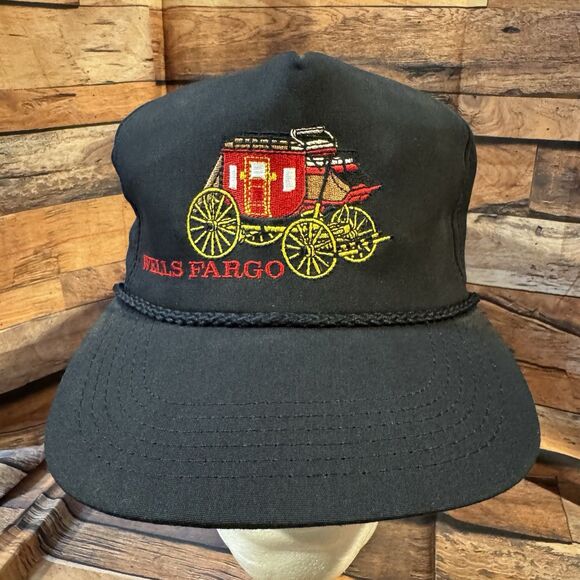 Wells Fargo Bank Hat Cap Black Adjustable Leather Strap Back Stagecoach Logo - Picture 1 of 7